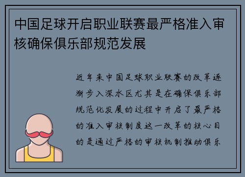 中国足球开启职业联赛最严格准入审核确保俱乐部规范发展 中国足球开启职业联赛最严格准入审核确保俱乐部规范发展